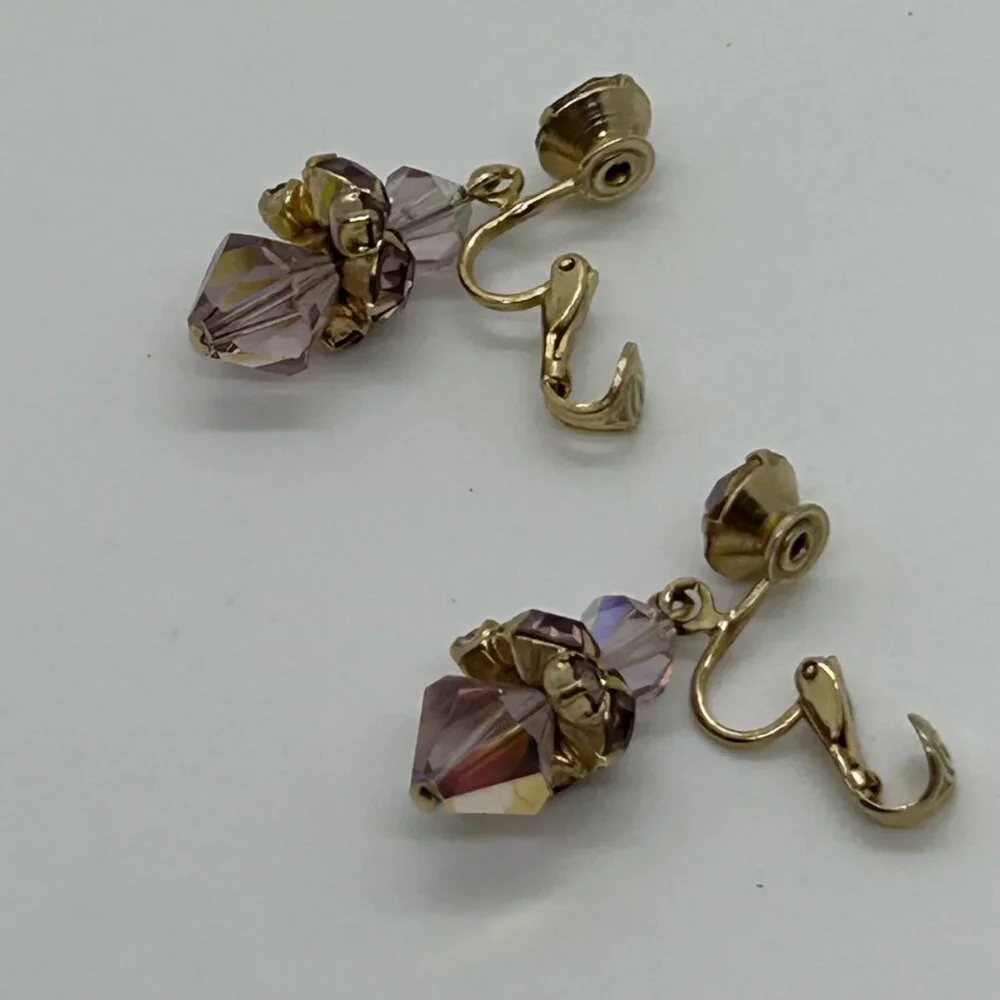 Vintage Aurora Borealis Dangle Earrings Crystal Pink Iridescent Faceted Goldtone - Picture 4 of 15